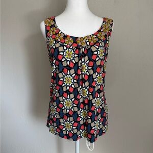 Boden Blue Coral Floral Print Beaded Neckline Tank Blouse Womens 6 Maximalist